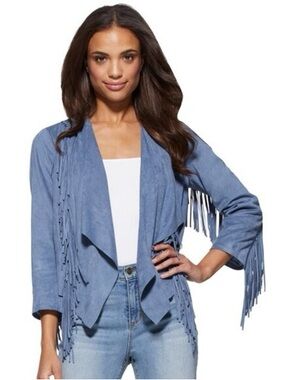 Suede Fringe Open-Front Jacket - Blue